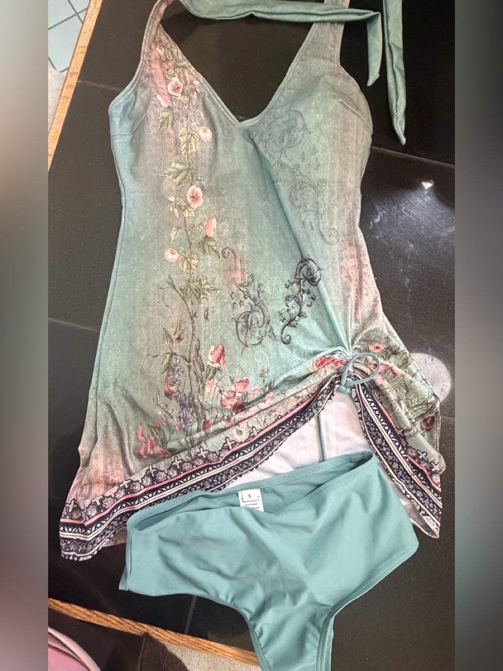 Floral Green Halter One-Piece Swimdress with Matching Briefs